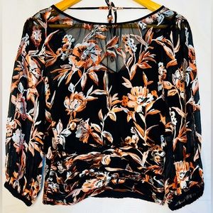 White House Black Market Black w/ Floral Print Draped Sheer Blouse Size  4P